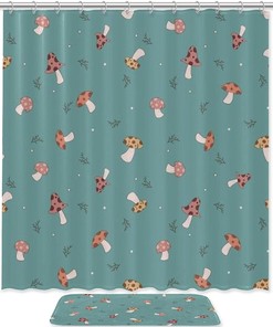 Mushroom Forest Green Printed Bathroom Tub Set With Waterproof Fabric Shower Curtain