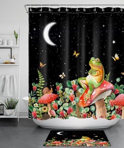 Mushroom Frog Moon Starry Sky Vintage Shower Curtain for Bathroom