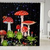 Mushroom Frog and Snail Shower Curtain - Red Plant and Flowers Bath Curtain - Galaxy Theme Bathroom Accessories
