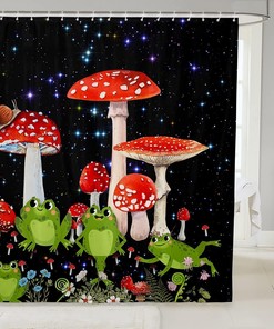 Mushroom Frog and Snail Shower Curtain - Red Plant and Flowers Bath Curtain - Galaxy Theme Bathroom Accessories