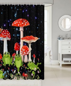 Mushroom Frog and Snail Shower Curtain - Red Plant and Flowers Bath Curtain - Galaxy Theme Bathroom Accessories