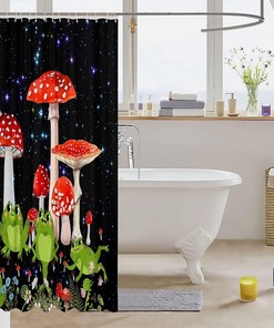 Mushroom Frog and Snail Shower Curtain - Red Plant and Flowers Bath Curtain - Galaxy Theme Bathroom Accessories