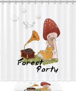 Mushroom Girl And Record Player Printed Bathroom Tub Set With Waterproof Fabric Shower Curtain