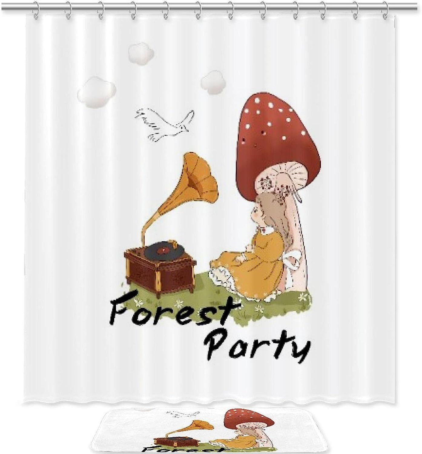 Mushroom Girl And Record Player Printed Bathroom Tub Set With Waterproof Fabric Shower Curtain