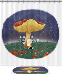 Mushroom Girl Starry Sky Printed Bathroom Tub Set With Waterproof Fabric Shower Curtain