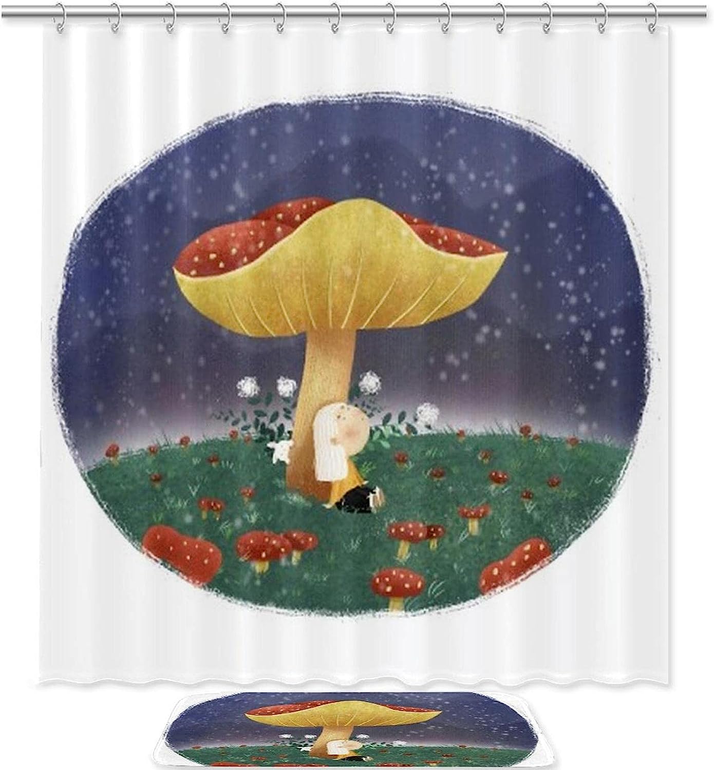 Mushroom Girl Starry Sky Printed Bathroom Tub Set With Waterproof Fabric Shower Curtain