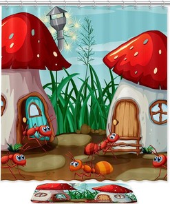 Mushroom House And Ants Cartoon Bathroom Decor With Waterproof Fabric Shower Curtain