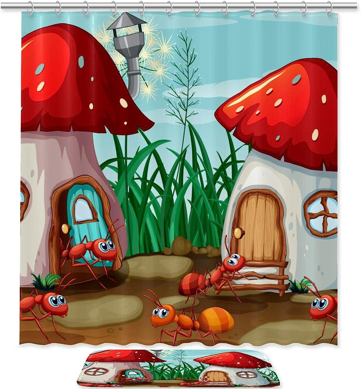 Mushroom House And Ants Cartoon Bathroom Decor With Waterproof Fabric Shower Curtain