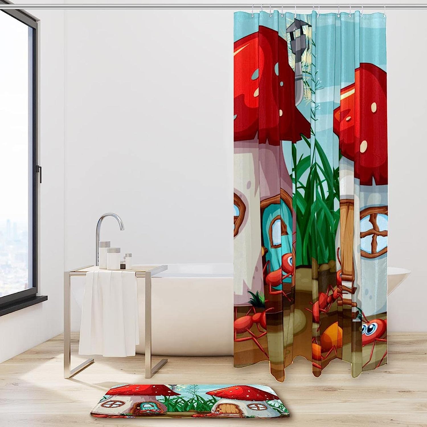 Mushroom House And Ants Cartoon Bathroom Decor With Waterproof Fabric Shower Curtain - Image 2