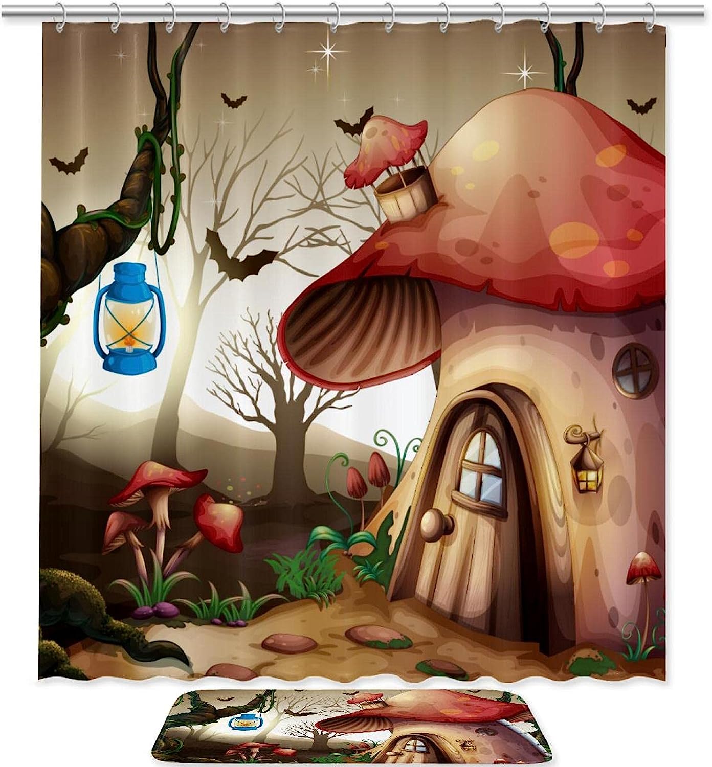 Mushroom House in the Dark Forest Shower Curtain - Water-Resistant Bathroom Curtain