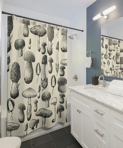 Mushroom Lovers and Hunters Neutral Shower Curtain with Funghi Touch 