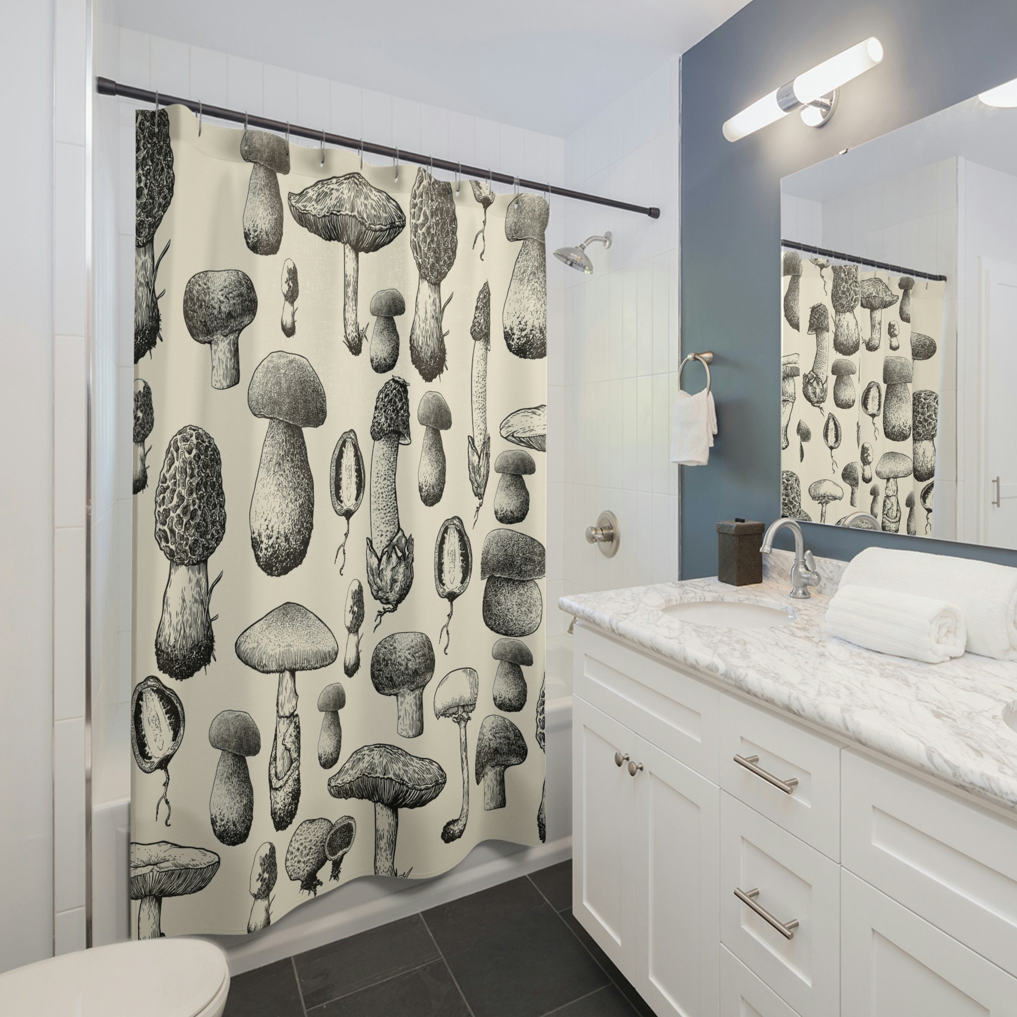 Mushroom Lovers and Hunters Neutral Shower Curtain with Funghi Touch
