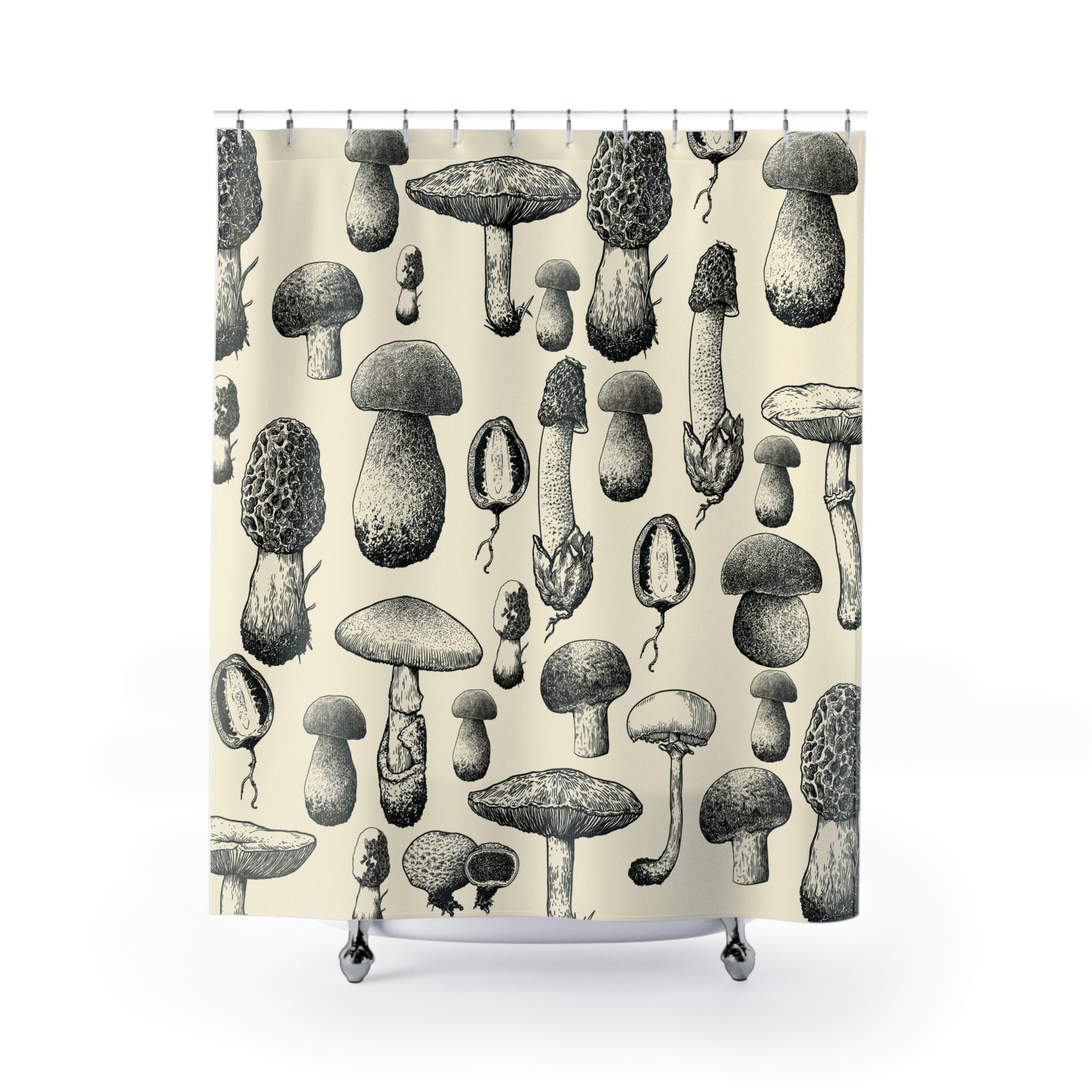 Mushroom Lovers and Hunters Neutral Shower Curtain with Funghi Touch