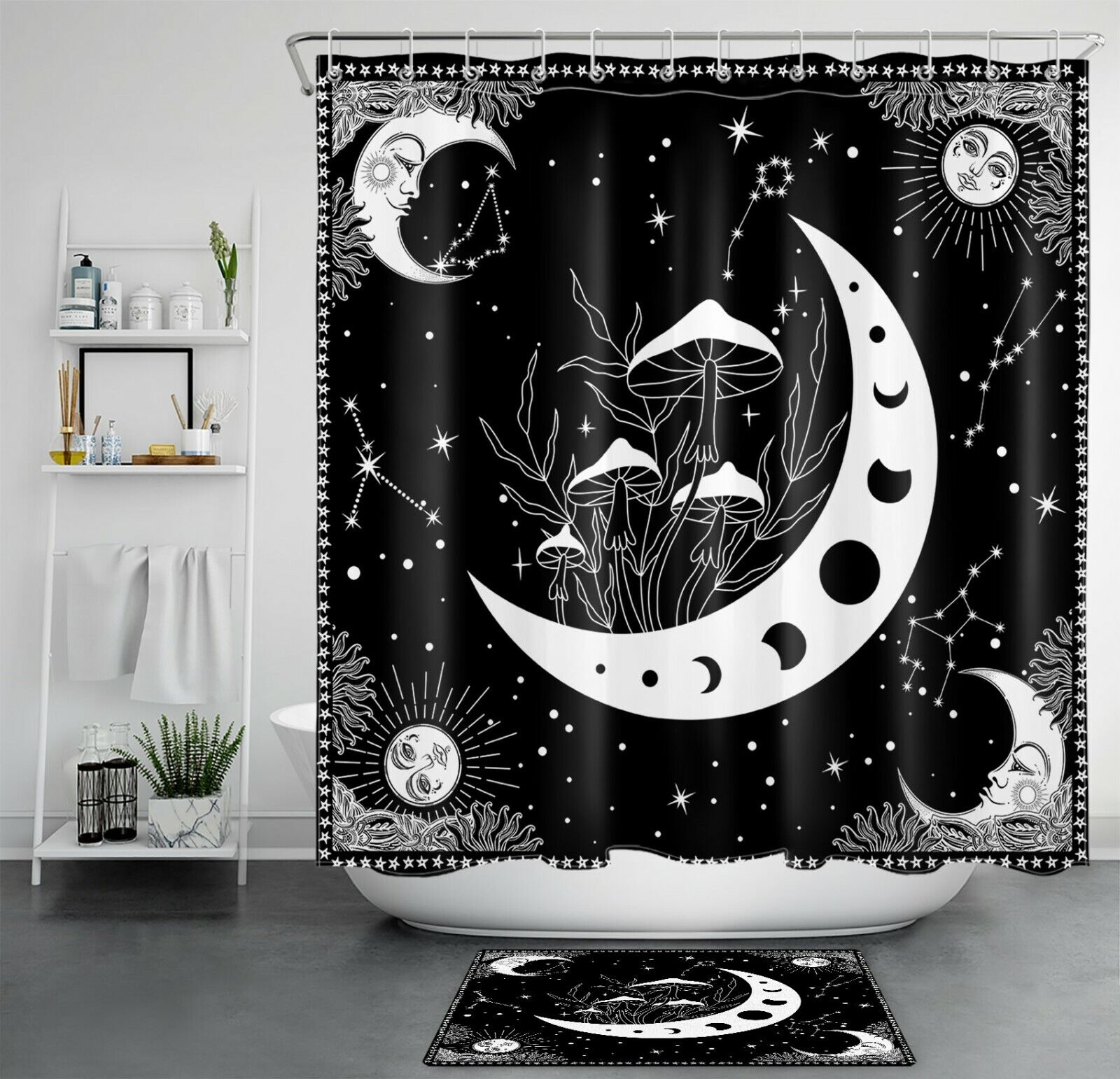 Mushroom Moon And Starry Sky Shower Curtain For Bathroom