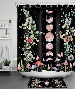 Mushroom Moon Phase Space Eucalyptus Leaf Shower Curtain For Modern Bathroom Decor