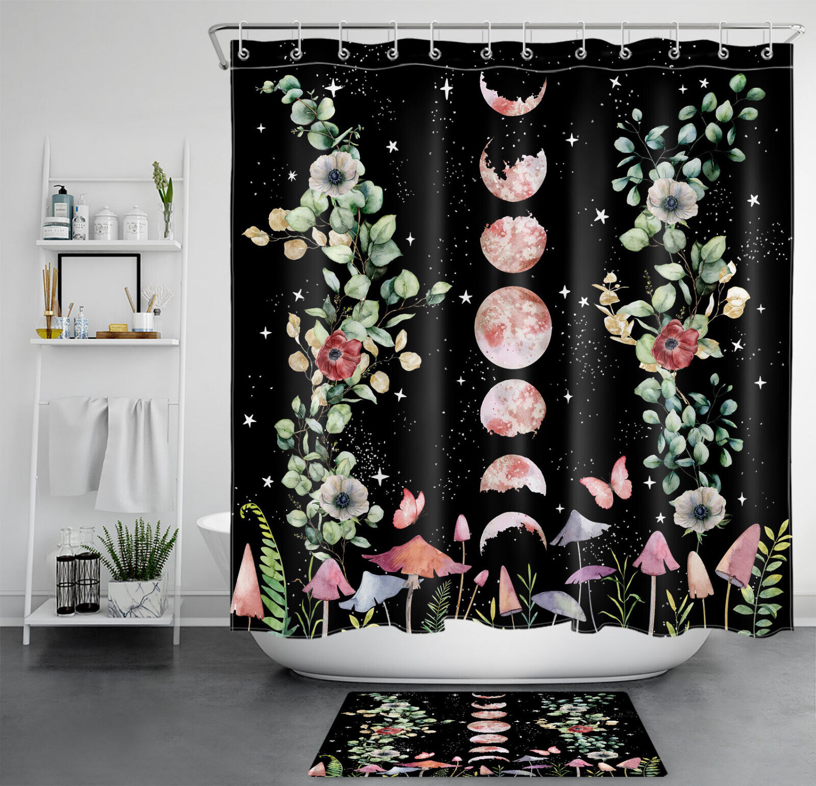 Mushroom Moon Phase Space Eucalyptus Leaf Shower Curtain For Modern Bathroom Decor