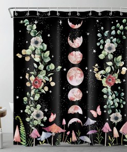 Mushroom Moon Phase Space Eucalyptus Leaf Shower Curtain For Modern Bathroom Decor
