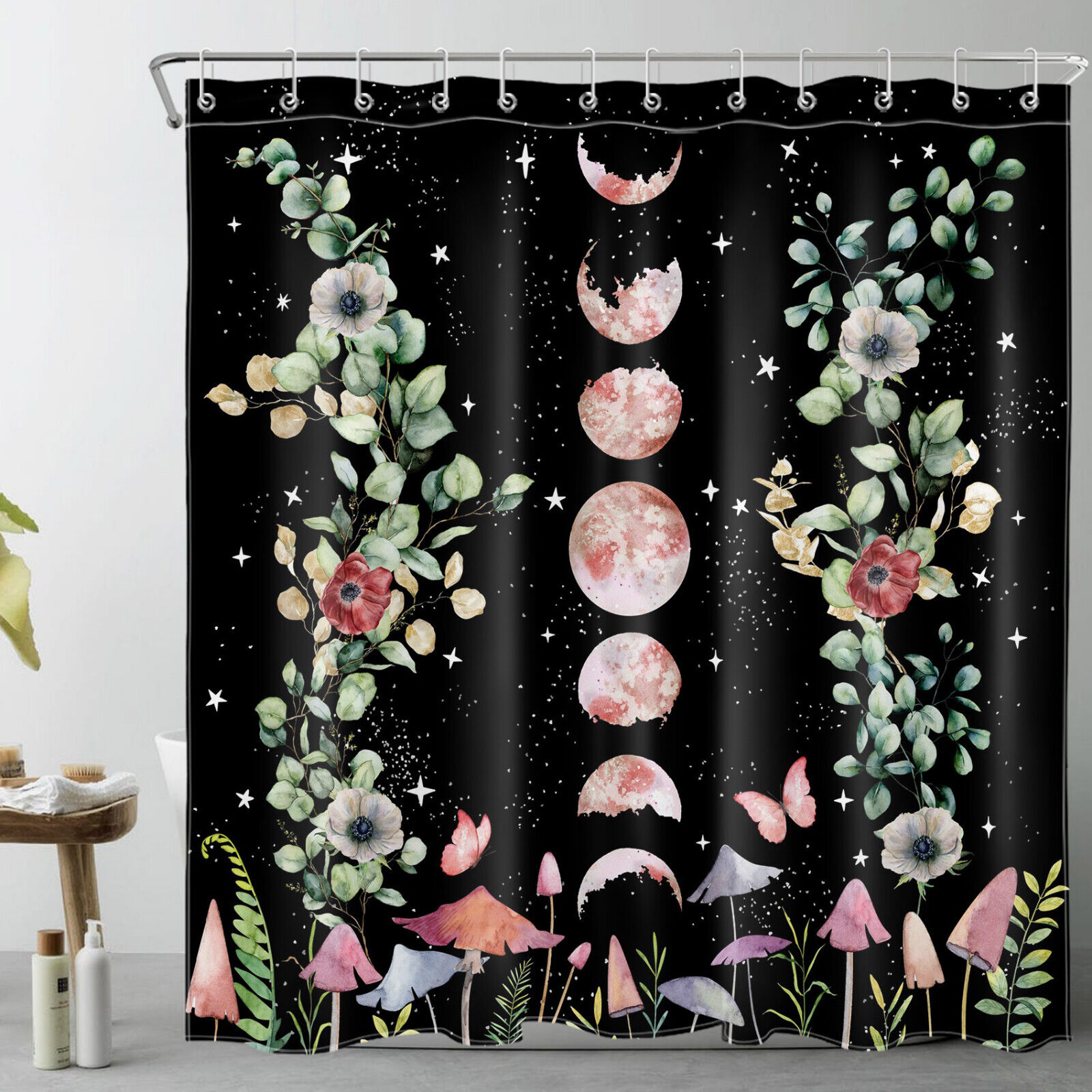 Mushroom Moon Phase Space Eucalyptus Leaf Shower Curtain For Modern Bathroom Decor