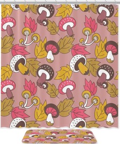 Mushroom Pattern Fabric Shower Curtain With Autumn Maple Leaves For Bathroom Decor