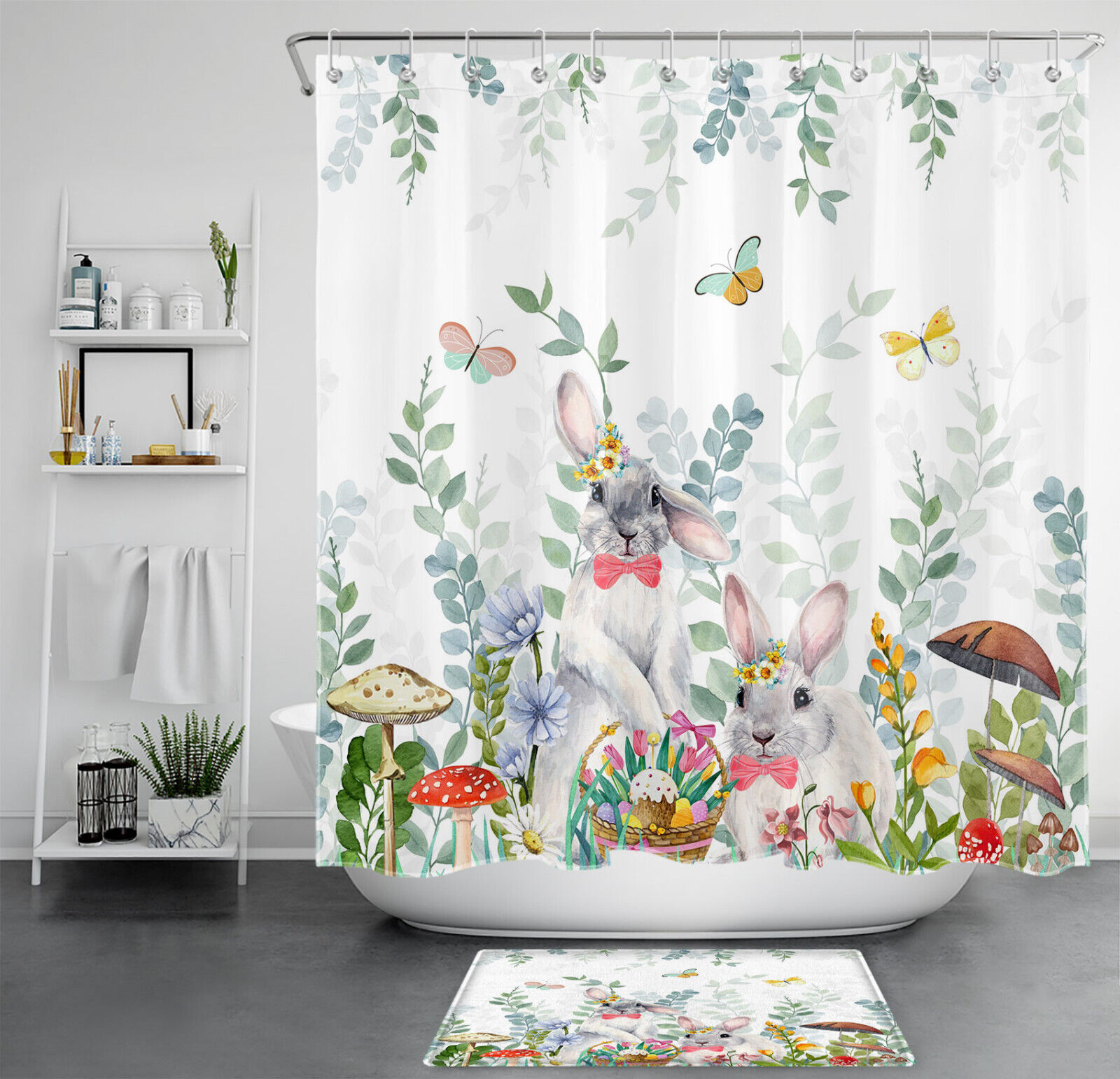 Mushroom Plant Easter Rabbit on Cute Shower Curtain for Bathroom