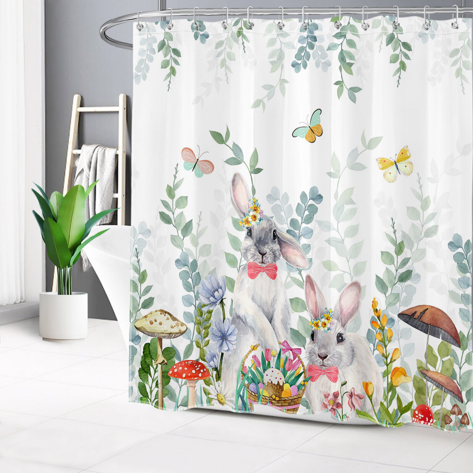 Mushroom Plant Easter Rabbit on Cute Shower Curtain for Bathroom