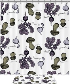 Mushroom Radish Printed Bathroom Tub Set With Waterproof Fabric Shower Curtain