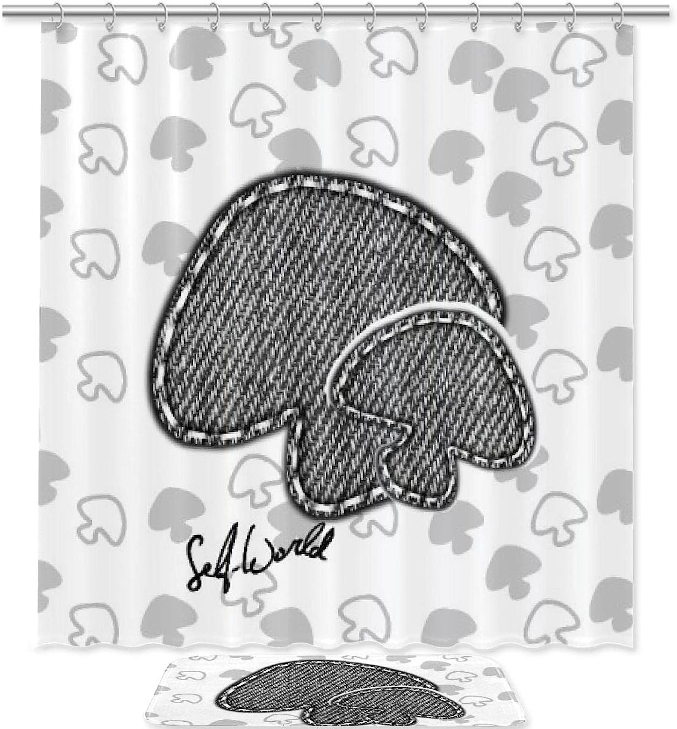 Mushroom Shadow Printed Bathroom Tub Set With Waterproof Fabric Shower Curtain