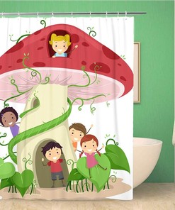 Mushroom Shaped House Kids Playing Shower Curtain With Cartoon Design