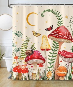 Mushroom Shower Curtain in Beige and Red Floral Butterfly Aesthetic Moon Flower