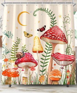 Mushroom Shower Curtain in Beige and Red Floral Butterfly Aesthetic Moon Flower