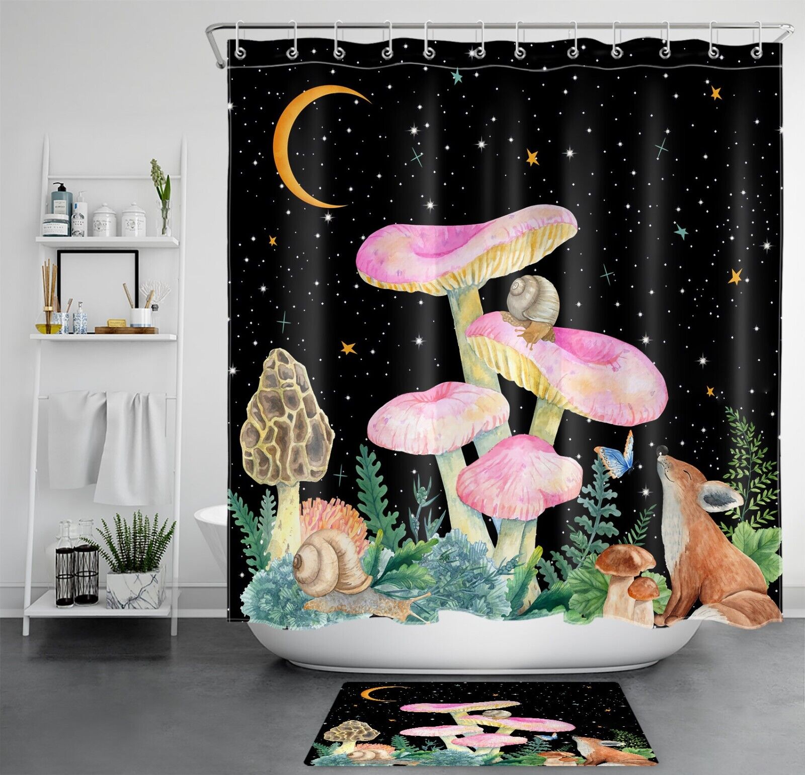 Mushroom Shower Curtain with Starry Sky Moon Funny Wild Animal Design