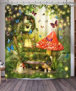 Mushroom Spring Fairy Waffle Weave Shower Curtain, Nature-Inspired Bathroom Accessory 
