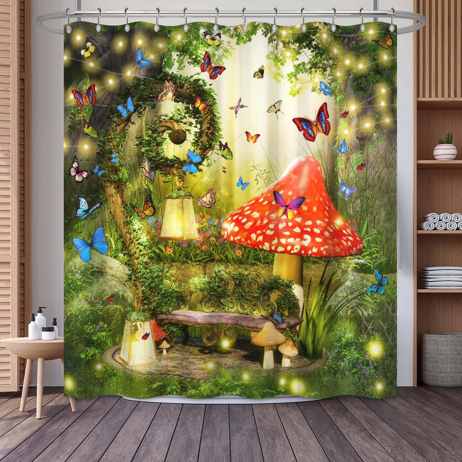 Mushroom Spring Fairy Waffle Weave Shower Curtain, Nature-Inspired Bathroom Accessory