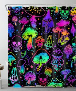 Mushroom and Colorful Skull Stars Shower Curtain for a Whimsical and Fun Bathroom