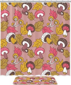 Mushroom and Maple Leaf Shower Curtain, Waterproof and Natural Theme for Bathroom