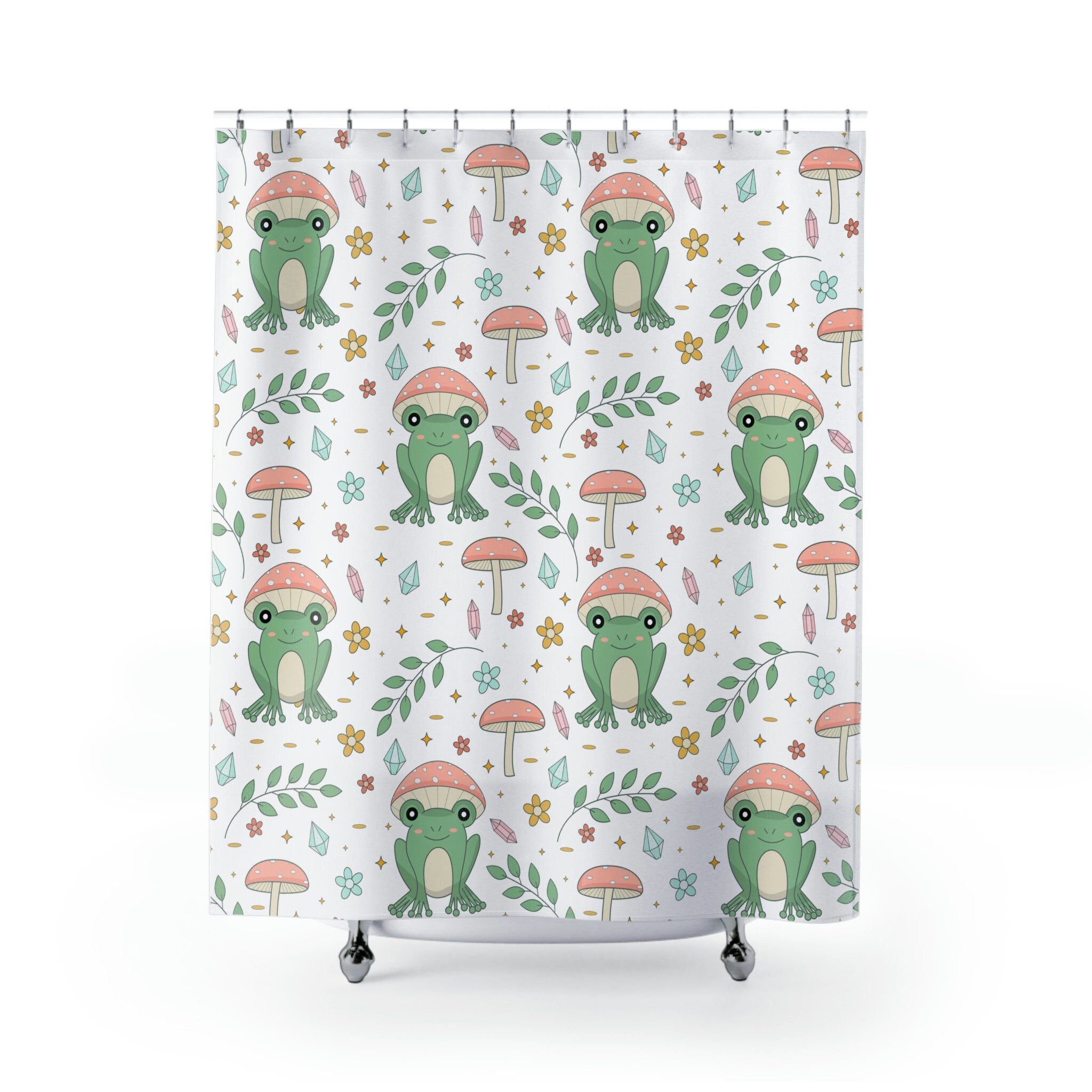 Mushroomcore Shower Curtain - Cute Frog Mushroom Design For Bathroom