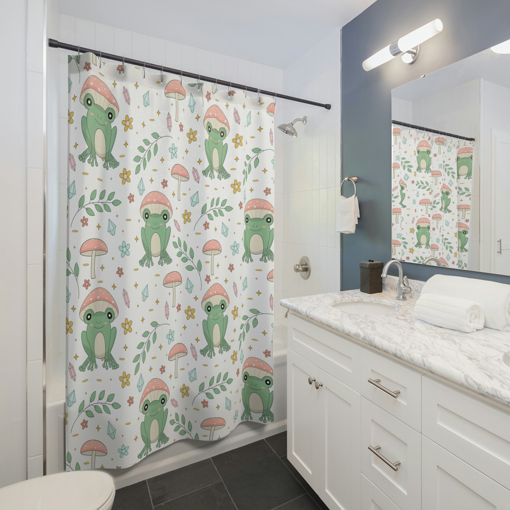Mushroomcore Shower Curtain - Cute Frog Mushroom Design For Bathroom - Image 2
