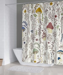Mushrooms And Wild Plants Print Shower Curtain For Modern And Floral Bathroom Decor