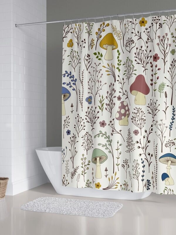 Mushrooms And Wild Plants Print Shower Curtain For Modern And Floral Bathroom Decor