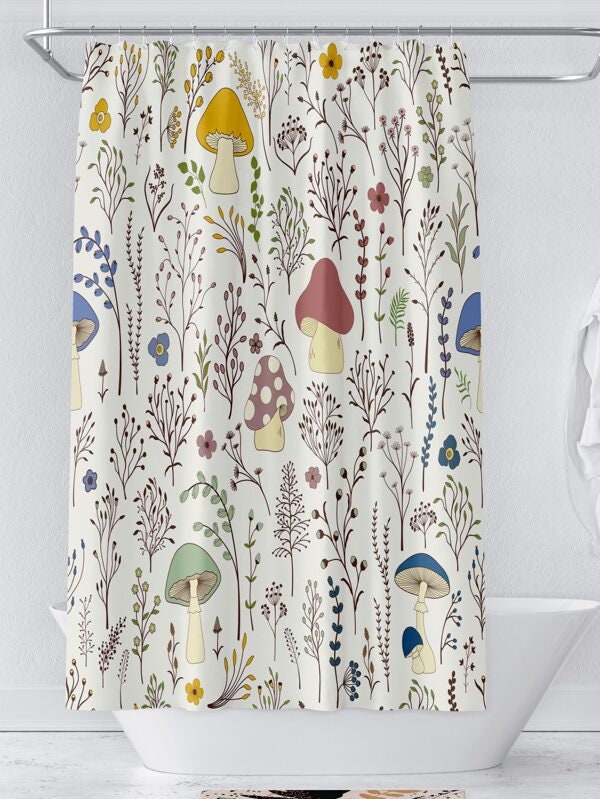Mushrooms And Wild Plants Print Shower Curtain For Modern And Floral Bathroom Decor - Image 2