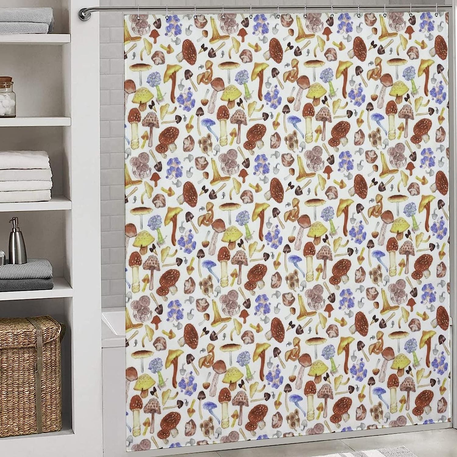 Mushrooms Vintage Shower Curtain, Nature Bathroom Decor by Vantaso