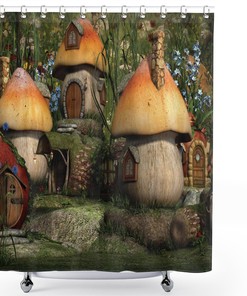 Mushrooms in Forest Shower Curtain, Fantasy Wonderland Dwarf Kid Nursery theme, Custom Design 