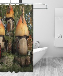 Mushrooms in Forest Shower Curtain, Fantasy Wonderland Dwarf Kid Nursery theme, Custom Design