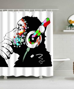 Music Banksy Headphone Thinking Funny Monkey Shower Curtain Bathroom Decor