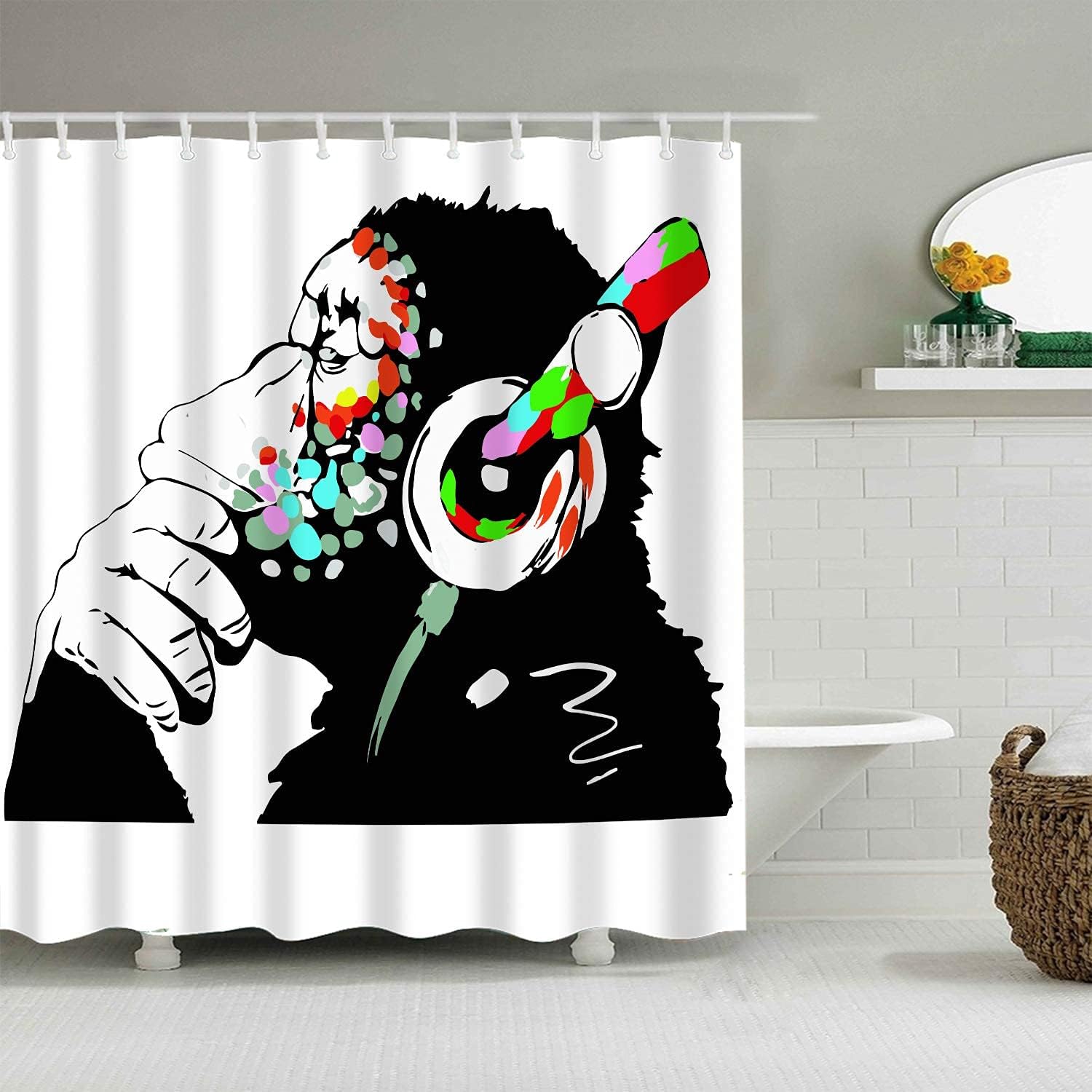 Music Banksy Headphone Thinking Funny Monkey Shower Curtain Bathroom Decor