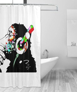 Music Banksy Headphone Thinking Funny Monkey Shower Curtain Bathroom Decor