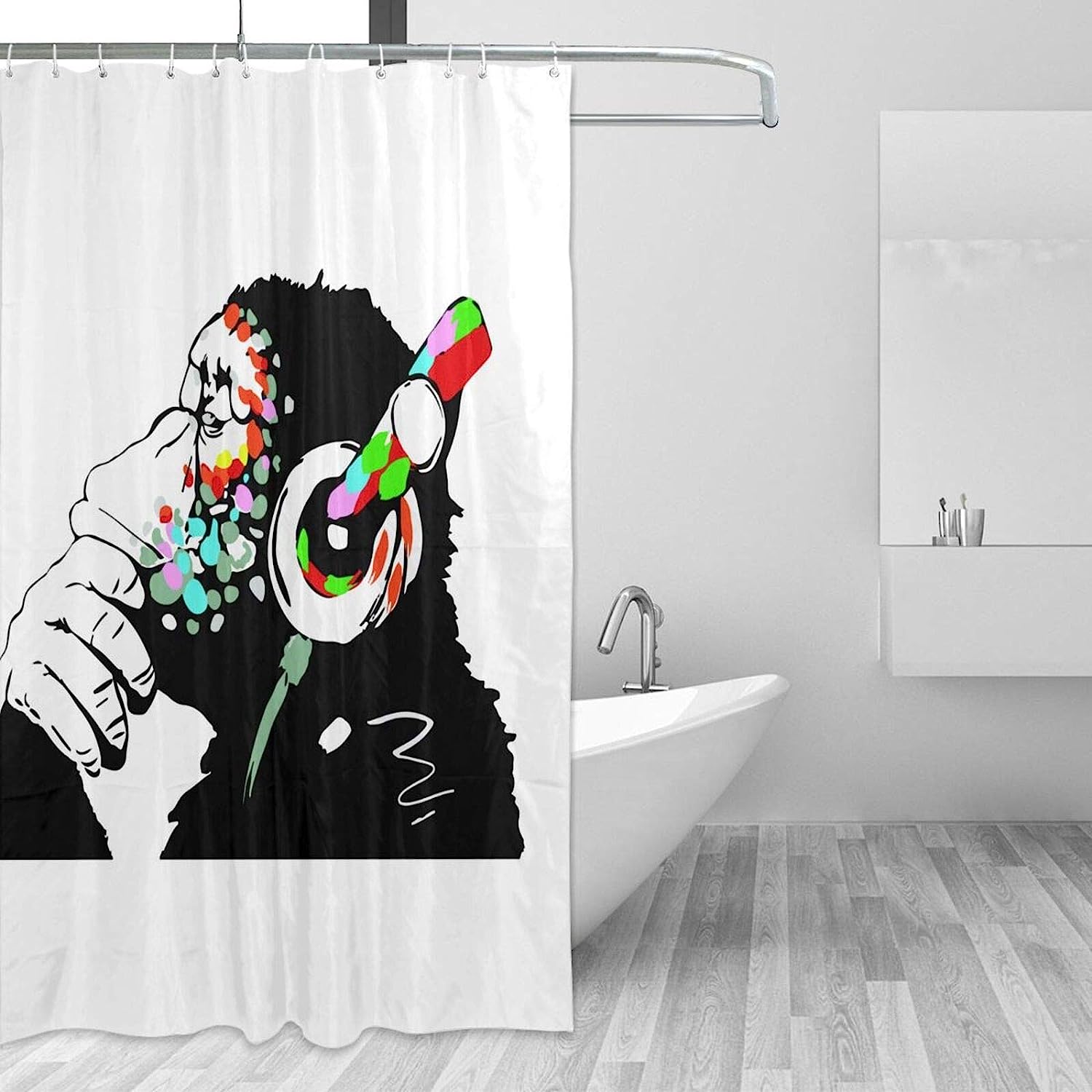 Music Banksy Headphone Thinking Funny Monkey Shower Curtain Bathroom Decor