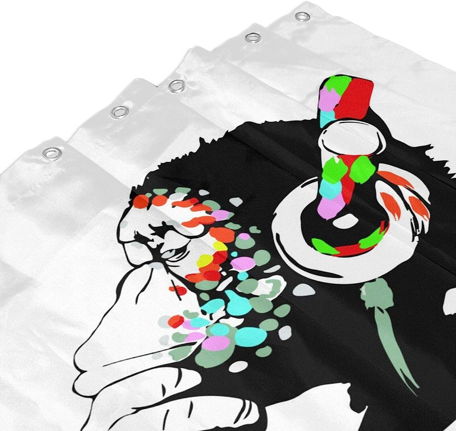 Music Banksy Headphone Thinking Funny Monkey Shower Curtain Bathroom Decor