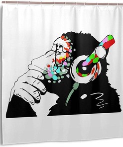 Music Banksy Headphone Thinking Funny Monkey Shower Curtain Bathroom Decor