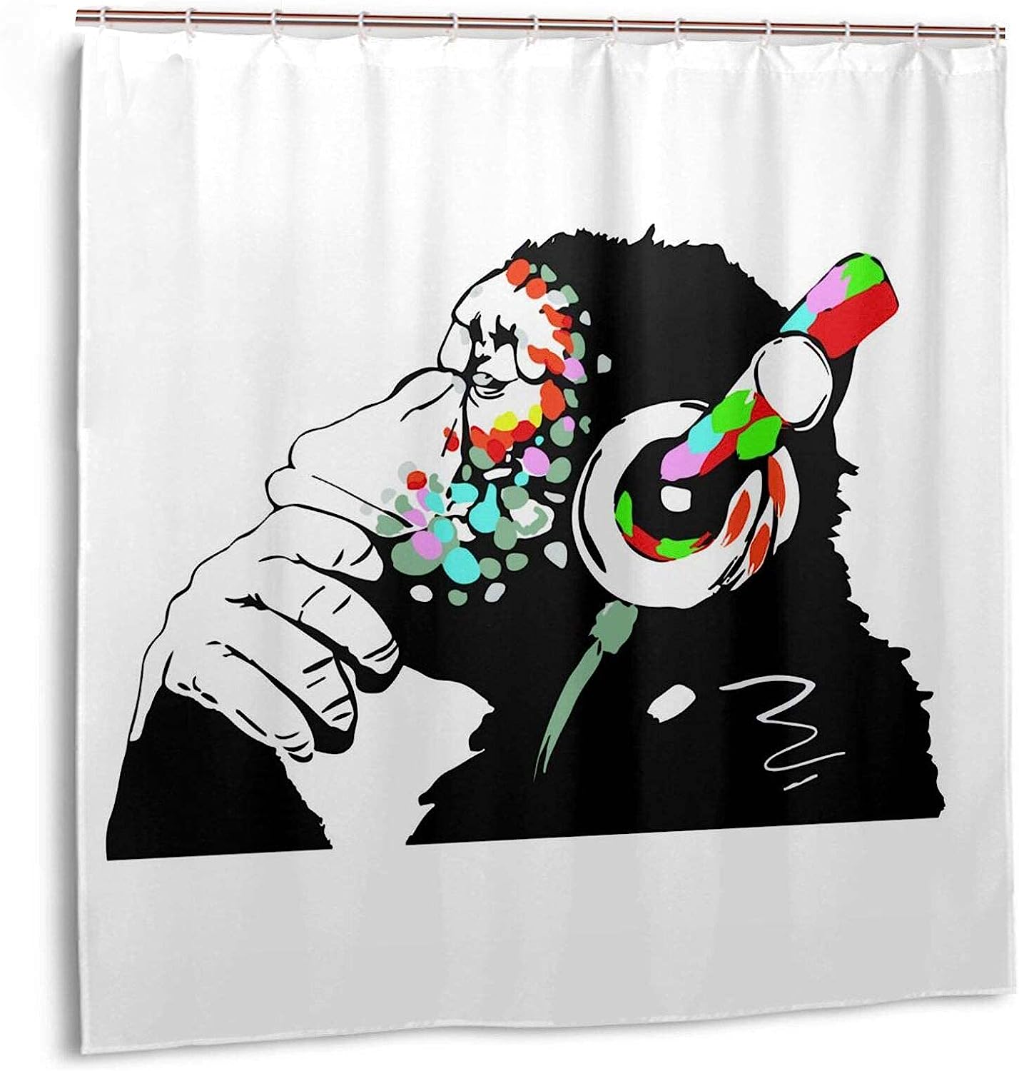 Music Banksy Headphone Thinking Funny Monkey Shower Curtain Bathroom Decor